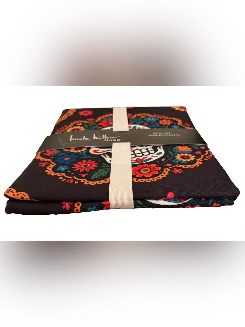 Nicole Miller Black Round 68”Tablecloth with Colorful Floral Sugar Skull Motif